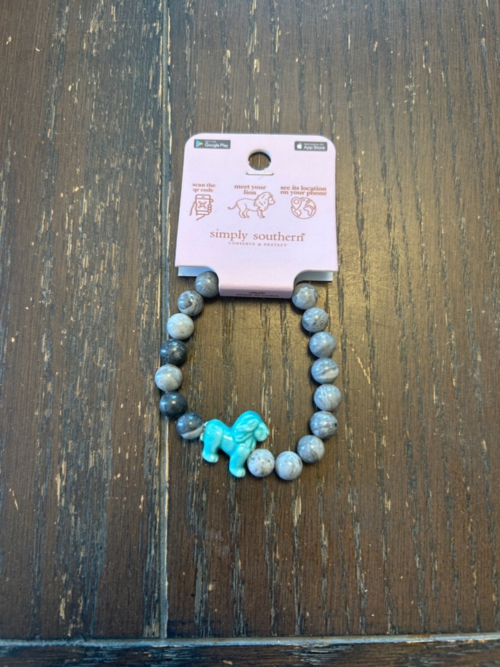 Simply Southern Gray Beaded Kids Bracelet with Turquoise lion Charm